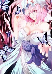 Rule 34 | 1girl, bad id, bad pixiv id, blue hair, breasts, bug, butterfly, cleavage, collarbone, female focus, hat, highres, bug, large breasts, looking at viewer, off shoulder, pink eyes, pink hair, saigyouji yuyuko, sash, solo, touhou, triangular headpiece, veil, wide sleeves, yoi tosui