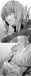 Rule 34 | 1boy, 1girl, absurdres, bandages, braid, braided ponytail, breasts, bulge, erection, erection under clothes, fate/grand order, fate (series), florence nightingale (fate), folded ponytail, fujimaru ritsuka (male), greyscale, highres, hxd, jacket, large breasts, long hair, long sleeves, military jacket, monochrome