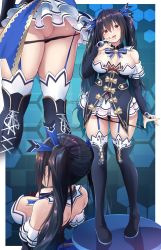 Rule 34 | 1girl, :d, absurdres, ass, bare shoulders, black footwear, black hair, black panties, boots, breasts, bridal gauntlets, choujigen game neptune, cleavage, detached collar, detached sleeves, downblouse, finger to mouth, full body, garter straps, gem, hair ribbon, hexagon, highres, honeycomb (pattern), honeycomb background, lace, large breasts, layered skirt, long hair, looking at viewer, miniskirt, multiple views, neptune (series), noire (neptunia), oekakizuki, open mouth, panties, panty pull, pulling own clothes, red eyes, ribbon, shin jigen game neptune vii, shoulder blades, skindentation, skirt, smile, standing, thigh boots, thighhighs, thighhighs under boots, thighs, twintails, underwear, undressing, upskirt, very long hair, white skirt, white thighhighs