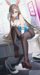 Rule 34 | 1girl, absurdres, animal ears, asuna (blue archive), blue archive, blue eyes, blush, breasts, cleavage, fake animal ears, feet, grin, hair over one eye, highres, large breasts, leotard, light brown hair, long hair, looking at viewer, pantyhose, rabbit ears, shoes, unworn shoes, sitting, smile, soles, solo, toes