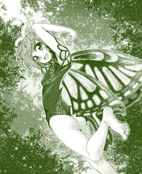 Rule 34 | 0-den, 1girl, antennae, ass, bare legs, barefoot, blush, butterfly wings, dress, eternity larva, fairy, highres, insect wings, leaf, leaf on head, looking at viewer, monochrome, multicolored clothes, multicolored dress, open mouth, short hair, smile, solo, touhou, wings