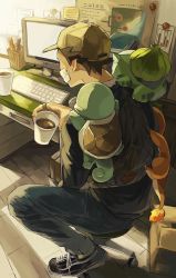 Rule 34 | 1boy, alternate costume, baseball cap, black footwear, black hair, blue pants, box, bulbasaur, cable, cardboard box, chair, charmander, coffee, commentary request, creatures (company), cup, desk, fire, flame-tipped tail, game freak, gen 1 pokemon, hat, highres, holding, holding cup, indoors, jewelry, keyboard (computer), monitor, nintendo, pants, pokemon, pokemon (creature), pokemon on back, pokemon rgby, red (pokemon), ring, shoes, sitting, sneakers, spiked hair, squirtle, starter pokemon trio, tokeru, wooden floor