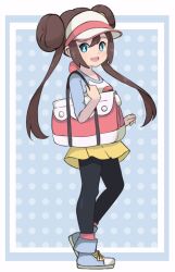 Rule 34 | 1girl, adjusting clothes, blue background, blue eyes, border, bow, brown hair, chocomiru, closed mouth, commentary, creatures (company), double bun, doughnut hair bun, english commentary, full body, game freak, hair bun, hand up, happy, long hair, looking at viewer, nintendo, outside border, poke ball print, pokemon, pokemon bw2, polka dot, polka dot background, raglan sleeves, redrawn, rosa (pokemon), smile, solo, twintails, visor cap, white border