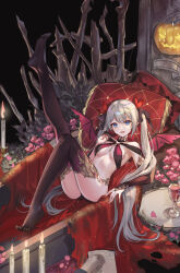 Rule 34 | 1girl, absurdres, annabelle (iron saga), atdan, black thighhighs, blue eyes, breasts, bridal gauntlets, candle, flower, gloves, grey hair, halloween costume, highres, iron saga, leg up, long hair, lying, medium breasts, official alternate costume, official art, pillow, pointy ears, pumpkin, sitting, smile, thighhighs, twintails, vampire, very long hair