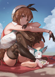 Rule 34 | 1girl, absurdres, atelier (series), atelier ryza, atelier ryza 2, bare shoulders, barefoot, beach, belt, black thighhighs, blanket, blue sky, brown belt, brown eyes, brown gloves, brown hair, cloud, collared shirt, day, gloves, half gloves, highres, jrajazon, leather, leather gloves, outdoors, partially fingerless gloves, pouch, red shorts, reisalin stout, sand, shirt, short shorts, shorts, single thighhigh, sitting, sky, sleeveless, sleeveless shirt, smile, thighhighs, white headwear, white shirt