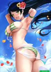Rule 34 | 1girl, absurdres, arm strap, armpits, arms up, artist name, ass, asymmetrical bangs, back, bikini, bikini top only, black hair, blue sky, blush, breasts, cloud, cloudy sky, day, floating hair, flower, furrowed brow, glint, green bikini, green eyes, hair flower, hair ornament, highres, large breasts, lips, long hair, looking at viewer, looking back, melonbooks, open mouth, outdoors, petals, sarong, scan, see-through, sky, solo, sparkle, string bikini, striped bikini, striped clothes, sun, swimsuit, thighs, untue