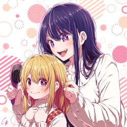 Rule 34 | 2girls, 4b-enpitsu, blonde hair, blush, brushing another&#039;s hair, brushing hair, chromatic aberration, closed mouth, commentary, film grain, hair between eyes, hair brush, halftone texture, highres, hoshino ai (oshi no ko), hoshino ruby, long hair, long sleeves, mismatched pupils, mother and daughter, multiple girls, open mouth, oshi no ko, pink eyes, purple eyes, purple hair, shadow, sidelocks, signature, smile, star-shaped pupils, star (symbol), sweater, symbol-shaped pupils, teeth, upper body, upper teeth only, wavy mouth, white sweater