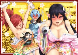 Rule 34 | 4girls, alcohol, antenna hair, arms up, azanami (pso2), black hair, blue eyes, blush, blush stickers, bottle, breasts, censored, censored nipples, character censor, cleavage, closed eyes, clothes down, collarbone, drunk, earrings, egasumi, eyebrows, floral print, hair ornament, hair over one eye, heart, heterochromia, highres, holding, homura (haku89), horns, io (pso2), japanese clothes, jewelry, katori (pso2), kimono, large breasts, long hair, looking at viewer, mini person, minigirl, mole, mole under eye, motion lines, multicolored hair, multiple girls, no bra, novelty censor, obi, off shoulder, open mouth, orange eyes, phantasy star, phantasy star online 2, pink eyes, pointy ears, ponytail, red hair, sake, sake bottle, sash, seigaiha, single horn, sukuna-hime, tamahime (pso2), thick eyebrows, tokkuri, translation request, triangle mouth, two-tone hair, white hair