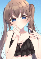 Rule 34 | 1girl, bare arms, bare shoulders, bikini, black bikini, blue eyes, blush, breasts, brown hair, cleavage, collarbone, commentary request, hair between eyes, hands up, highres, long hair, original, parted lips, small breasts, solo, suzu (minagi), swimsuit, twintails, upper body