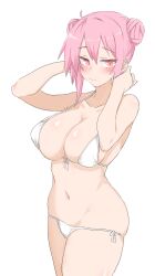 Rule 34 | 1girl, absurdres, ahoge, bare arms, bare shoulders, bikini, blush, breasts, cleavage, closed mouth, collarbone, commentary, double bun, ear piercing, front-tie bikini top, front-tie top, groin, hair between eyes, hair bun, hands up, highres, large breasts, looking to the side, navel, original, piercing, pink eyes, pink hair, shy, side-tie bikini bottom, simple background, solo, stomach, swimsuit, thighs, wasabijoyu76, white background, white bikini