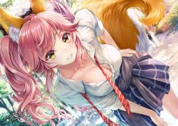 Rule 34 | 1girl, animal ear fluff, animal ears, blue skirt, blue sweater, blush, bow, breasts, cleavage, clothes around waist, collarbone, commentary, day, dutch angle, fate/extra, fate (series), fox ears, fox girl, fox tail, grin, hair between eyes, hair bow, hand on own hip, hand on own thigh, large breasts, leaning forward, light particles, long hair, looking at viewer, loose necktie, necktie, official alternate costume, outdoors, paint musume, partially unbuttoned, pink hair, red necktie, school uniform, shirt, sidelocks, signature, skirt, smile, solo, sweater, sweater around waist, tail, tamamo (fate), tamamo no mae (fate/extra), twintails, twitter username, white shirt, yellow eyes