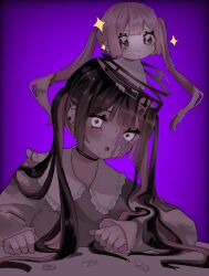 Rule 34 | 1girl, absurdres, black hair, blood, blunt bangs, choker, chromatic aberration, ear piercing, frilled shirt collar, frills, glitch, grey shirt, hanataro (sruvhqkehy1zied), highres, long sleeves, looking at viewer, medicine, multicolored hair, multiple girls, multiple persona, open mouth, original, piercing, pink blood, pink hair, purple background, shirt, smug, sparkle, sweat, twintails, two-tone hair