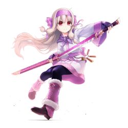 Rule 34 | &gt;:), 1girl, ainu clothes, blue pantyhose, blush, boots, brown footwear, brown hair, closed mouth, commentary request, fate/grand order, fate (series), fingerless gloves, floating hair, full body, fur trim, gloves, hairband, highres, holding, holding sword, holding weapon, illyasviel von einzbern, left-handed, leg warmers, long hair, long sleeves, looking away, looking to the side, pantyhose, pink hairband, purple gloves, red eyes, revision, shadow, sheath, sitonai (fate), smile, solo, sword, unsheathing, v-shaped eyebrows, very long hair, weapon, white background, wide sleeves, yoka1chi