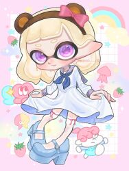 Rule 34 | 1girl, artist name, blonde hair, blue footwear, border, commentary request, dress, full body, grid background, high heels, highres, inkling, inkling girl, inkling player character, medium hair, mina p, nintendo, open mouth, outside border, pink border, pointy ears, purple eyes, sailor dress, smile, solo, splatoon (series), splatoon 3, tentacle hair, thick eyebrows, thighhighs, twitter username, white background, white dress