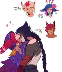 aleriy animal_ears bird_girl black_hair black_sclera blue_hair colored_sclera facial_mark hair_over_one_eye heart highres hood kayn_(league_of_legends) kiss kissing_neck league_of_legends long_hair multicolored_hair neeko_(league_of_legends) rakan_(league_of_legends) red_eyes sett_(league_of_legends) simple_background teeth xayah