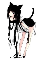 Rule 34 | 1girl, :q, absurdres, animal ears, apron, bad id, bad pixiv id, bare arms, bare shoulders, black dress, black eyes, black footwear, black hair, blush, breasts, cat ears, cat girl, cat tail, closed mouth, commentary request, dress, frilled apron, frills, full body, highres, lace, lace-trimmed dress, lace trim, leaning forward, long hair, looking at viewer, original, revision, shoes, simple background, sleeveless, sleeveless dress, small breasts, smile, solo, standing, tail, tail raised, tongue, tongue out, tsukiyo (skymint), very long hair, white apron, white background