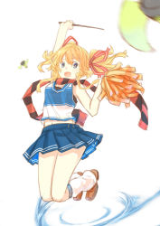 Rule 34 | 1girl, :d, absurdres, blue skirt, character request, cheerleader, excited, hair ribbon, happy, highres, jumping, magic, midriff, navel, open mouth, orange hair, pleated skirt, pom pom (cheerleading), ribbon, scarf, simple background, skirt, sleeveless, smile, solo, tank top, thighs, wand, white background, yan wen zi