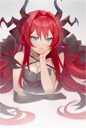 Rule 34 | 1girl, atelier live, black dress, blue eyes, blush, breasts, cleavage, commentary, dragon horns, dress, elbow gloves, english commentary, gloves, hair intakes, highres, horns, kuzuryu io, lying, medium breasts, multiple horns, open mouth, red hair, single glove, smile, solo, virtual youtuber, yoru (yowuyoru)