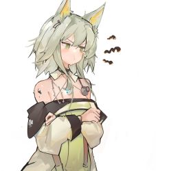 Rule 34 | animal ear fluff, animal ears, arknights, bare shoulders, choker, clenched hands, closed mouth, commentary request, crossed arms, dress, frown, green dress, green eyes, green hair, head tilt, kal&#039;tsit (arknights), long sleeves, looking to the side, material growth, medium hair, mikozin, oripathy lesion (arknights), pout, sidelocks, simple background, solo, stethoscope, strap, white background