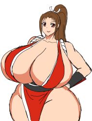 1girl breasts brown_eyes brown_hair curvy female_focus gloves hair_ornament huge_breasts japanese_clothes large_breasts long_hair momiji_(artist) momijizx ninja pale_skin ponytail shiranui_mai smile standing the_king_of_fighters thick_thighs thighs wide_hips