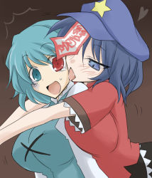 Rule 34 | 2girls, blue eyes, blue hair, blush, breast press, breasts, breasts on another&#039;s back, female focus, hat, heart, heterochromia, hug, hug from behind, jiangshi, large breasts, licking, miyako yoshika, multiple girls, ofuda, open mouth, oro (zetsubou girl), outstretched arms, red eyes, role reversal, short hair, star (symbol), tatara kogasa, tears, tongue, touhou, yuri, zombie pose