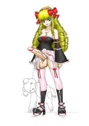 Rule 34 | 1girl, arms at sides, black shirt, blonde hair, blouse, boots, censored, drill hair, erection, frilled shirt, frills, full body, futanari, garter belt, gothic lolita, high heel boots, high heels, jewelry, lolita fashion, long hair, mosaic censoring, necklace, penis, pink thighhighs, shirt, solo, standing, stuffed animal, stuffed toy, teddy bear, testicles, thighhighs, veins, veiny testicles, very long hair