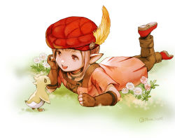 Rule 34 | 1girl, baby, brown hair, chocobo, feathers, final fantasy, final fantasy xiv, flower, grass, hat, hat feather, head rest, jewelry, lalafell, muraicchi (momocchi), necklace, outdoors, pink eyes, pink flower, pink shirt, pointy ears, red footwear, red headwear, shirt, tataru taru, white background, white flower, yellow feathers