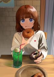Rule 34 | 1girl, absurdres, blue eyes, brown hair, commentary, cup, doughnut, drinking glass, drinking straw, food, highres, holding, holding food, ice cream, ice cream float, indoors, licking lips, long sleeves, looking at viewer, medium hair, mmmo3, original, pink nails, plate, shirt, sitting, solo, symbol-only commentary, table, tongue, tongue out, upper body, white shirt
