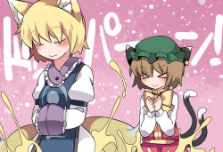 Rule 34 | &gt; &lt;, 2girls, animal ear fluff, animal ears, blonde hair, blush, bow, brown hair, cat ears, cat tail, chen, clenched hands, commentary request, earrings, closed eyes, fox ears, fox tail, hammer (sunset beach), hands in opposite sleeves, hat, jewelry, mob cap, multiple girls, multiple tails, pee, peeing, peeing self, short hair, skirt, smile, tabard, tail, touhou, translation request, yakumo ran