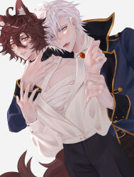 Rule 34 | 2boys, ahoge, alternate costume, alternate hairstyle, animal collar, animal ears, bandaged chest, bishounen, black collar, blue eyes, blush, brown hair, collar, commentary, commentary request, cowboy shot, fangs, granblue fantasy, hair between eyes, halloween costume, hand on another&#039;s arm, hand on another&#039;s neck, highres, kakaki 28, kemonomimi mode, looking at another, lucifer (shingeki no bahamut), male focus, messy hair, multiple boys, parted bangs, partially undressed, popped collar, red eyes, sandalphon (granblue fantasy), shirt, short hair, tail, vampire, vampire costume, werewolf, werewolf costume, white background, white hair, white shirt, wolf ears, wolf tail, yaoi