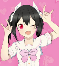 Rule 34 | 1girl, a song for you! you? you!, artist name, artist request, black hair, blush, bow, collarbone, female focus, hair bow, highres, looking at viewer, love live!, love live! school idol project, mikimotomoto, neckerchief, nico nico nii, one eye closed, parted lips, pink background, pink neckerchief, red eyes, sailor collar, shirt, short hair, smile, solo, twintails, white bow, white shirt, yazawa nico