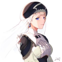 Rule 34 | 1girl, artist name, black headwear, blue eyes, breasts, center frills, commentary, da-cart, dress, earrings, fire emblem, fire emblem: three houses, frills, grey dress, highres, jewelry, looking at viewer, medium breasts, mercedes von martritz, nintendo, short hair, signature, silver hair, simple background, solo, upper body, veil, white background