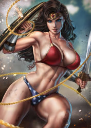 Rule 34 | 1girl, abs, absurdly long hair, absurdres, alternate costume, american flag cloak, bare shoulders, bikini, black hair, blue eyes, blue panties, blush, breasts, brown hair, circlet, dandon fuga, dc comics, debris, deflect, diana prince, female focus, highres, holding, holding shield, holding sword, holding weapon, large breasts, lasso, lasso of truth, leg up, long hair, looking at viewer, mismatched bikini, muscular, muscular female, navel, open mouth, panties, parted lips, red bikini, resolution mismatch, shield, shorts, sideboob, skindentation, smile, solo, source smaller, sparks, standing, superhero costume, swimsuit, sword, thick thighs, thighs, underwear, very long hair, weapon, wonder woman, wonder woman (series)