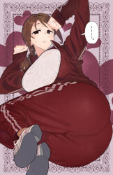 Rule 34 | ..., 1girl, ass, blush, bra, bra visible through clothes, breasts, brown hair, heart, heart background, highres, idolmaster, idolmaster cinderella girls, jacket, large breasts, looking at viewer, lying, mifune miyu, niku-name, on side, open clothes, open jacket, pants, patterned background, ponytail, red jacket, red pants, shirt, shoes, sneakers, solo, spoken ellipsis, sweatdrop, track pants, underwear, white bra, white shirt