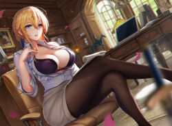 Rule 34 | 1girl, artoria pendragon (fate), artoria pendragon (lancer) (fate), blonde hair, blouse, blue eyes, blue ribbon, blush, bra, braid, breasts, breasts out, brown pantyhose, chair, circlet, cleavage, collarbone, contemporary, cover, cover page, crossed legs, desk, doujin cover, dress shirt, earrings, fate/grand order, fate (series), french braid, grey skirt, hair between eyes, hair bun, hair ribbon, jewelry, lace, lace-trimmed bra, lace bra, lace trim, large breasts, legs, long hair, looking at viewer, open clothes, open shirt, pantyhose, parted lips, pencil skirt, purple bra, ribbon, shirt, sidelocks, single hair bun, sitting, skirt, solo, thighs, tsuki no i-min, underwear