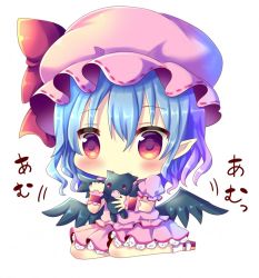 Rule 34 | 1girl, :o, animal, bat (animal), biting, blue hair, blush, bow, chocolat (momoiro piano), closed mouth, fangs, gradient hair, hat, hat bow, looking at viewer, mob cap, multicolored hair, open mouth, pink hat, pink shirt, pink skirt, pleated skirt, puffy short sleeves, puffy sleeves, purple hair, red bow, red eyes, red footwear, remilia scarlet, seiza, shirt, short sleeves, sitting, skirt, skirt set, socks, solo, touhou, translated, white background, white socks, wrist cuffs