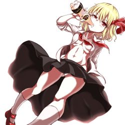 Rule 34 | 1girl, arm behind back, black skirt, blonde hair, blush, bottle, bow, breasts, collarbone, collared shirt, drinking, dutch angle, enperuto (yarumi), hair between eyes, hair bow, hand up, holding, holding bottle, kneehighs, mary janes, navel, no bra, open clothes, open shirt, panties, pantyshot, pleated skirt, red bow, red eyes, red footwear, rumia, shirt, shoes, short hair, simple background, skirt, sleeves rolled up, small breasts, socks, solo, standing, stomach, touhou, transparent background, underwear, upskirt, white background, white panties, white shirt, white socks