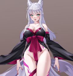 Rule 34 | 1girl, animal ears, arms at sides, bare shoulders, blush, bow, bowtie, braid, breasts, brown background, cameltoe, cleavage, collarbone, corruption, dark persona, detached sleeves, fingernails, fox ears, fox girl, fox tail, gluteal fold, green eyes, heart, heart-shaped pupils, highres, japanese clothes, large breasts, long fingernails, long hair, long sleeves, looking at viewer, matrix16, mole, mole on breast, mole under eye, nail polish, no panties, open mouth, original, red nails, revealing clothes, saliva, sash, sidelocks, simple background, standing, sweat, symbol-shaped pupils, tail, tattoo, thighs, white hair, wide sleeves