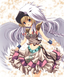 Rule 34 | 1girl, blonde hair, blue eyes, blush, bracelet, braid, breasts, cleavage, cloud, collarbone, dress, duel monster, feathers, female focus, guardian eatos, hair between eyes, head tilt, headdress, highres, jewelry, looking at viewer, midriff, native american clothes, navel, necklace, open mouth, short hair, shoulder pads, skirt, solo, standing, takayuuki, tank top, traditional clothes, wings, yu-gi-oh!, yu-gi-oh! duel monsters