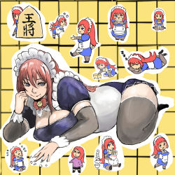 Rule 34 | 81diver, angry, apron, bell, blue eyes, board game, crying, eating, glasses, grid background, lying, maid, maid apron, maid headdress, mole, mole under eye, mole under mouth, multiple persona, nakashizu soyo, neck bell, neck ribbon, on side, red hair, ribbon, shogi piece, shougosan, sleeping, thighhighs