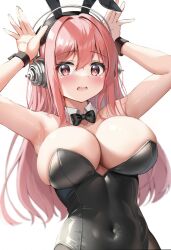 Rule 34 | 1girl, animal ears, arms up, bare shoulders, black bow, black bowtie, black leotard, blush, bow, bowtie, breasts, cleavage, collarbone, covered navel, detached collar, fake animal ears, hair between eyes, hair intakes, headphones, highres, large breasts, leotard, long hair, looking at viewer, mahiro (mahiron1062), nitroplus, open mouth, pink eyes, playboy bunny, rabbit ears, rabbit pose, shiny skin, shirt, sidelocks, simple background, solo, strapless, strapless leotard, super sonico, traditional bowtie, upper body, white shirt, wrist cuffs