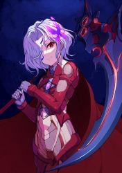 Rule 34 | 1girl, armor, cape, chest jewel, fire, grey hair, hair over one eye, highres, holding, holding scythe, namicha, over shoulder, purple fire, red eyes, scythe, smile, weapon, weapon over shoulder, x (xenoblade), xenoblade chronicles (series), xenoblade chronicles 3