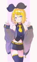 Rule 34 | 1girl, bad id, bad twitter id, bare shoulders, black jacket, black star (module), blonde hair, blue eyes, blush, bow, grin, hair bow, hair ornament, hairclip, half-closed eyes, highres, jacket, kagamine rin, looking at viewer, loose clothes, midriff, navel, necktie, oyamada gamata, project diva, project diva (series), short hair, short necktie, sleeveless blazer, smile, solo, star (symbol), teeth, thighhighs, vocaloid, yellow necktie, zettai ryouiki