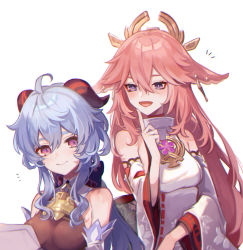 Rule 34 | 2girls, ahoge, animal ears, bare shoulders, bell, blue hair, blush, bow, breasts, detached sleeves, fox ears, ganyu (genshin impact), genshin impact, gold trim, highres, horns, index finger raised, japanese clothes, kino (m6t2a), light smile, long hair, looking at another, low ponytail, medium breasts, multiple girls, neck bell, open mouth, paper, pink hair, purple eyes, sidelocks, smile, upper body, very long hair, white background, white sleeves, yae miko