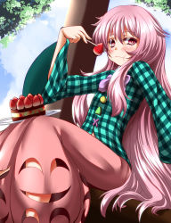 Rule 34 | 1girl, blue sky, blush, bow, bubble skirt, cake, day, eating, expressionless, food, fruit, hata no kokoro, highres, long hair, long sleeves, looking at viewer, pink eyes, pink hair, plate, see-through, shirt, sitting, skirt, sky, solo, strawberry, touhou, tree, very long hair, wide sleeves, zan (harukahime)