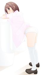 Rule 34 | 1girl, ass, bathroom, blush, brown eyes, brown footwear, brown hair, clothes lift, crossed arms, dedenden (pixiv30568724), dress, dress lift, from behind, highres, looking at viewer, looking back, open mouth, panties, pink dress, shoes, short hair, short sleeves, standing, thighhighs, underwear, urinal, wall, white panties, white thighhighs