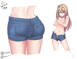 Rule 34 | 1girl, ass, blonde hair, blue eyes, blush, breasts, butt crack, chung cthemax, collarbone, covering privates, covering breasts, dated, denim, denim shorts, dimples of venus, frown, girls&#039; frontline, hair between eyes, hair ornament, hairband, highres, long hair, looking at viewer, medium breasts, multiple views, navel, no panties, open fly, short shorts, shorts, sidelocks, signature, simple background, smile, snowflake hair ornament, stomach, suomi (girls&#039; frontline), thighs, topless, twitter username, unbuttoned, white background