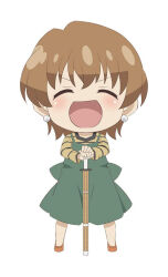 Rule 34 | 1girl, apron, blush, brown hair, chibi, closed eyes, commentary request, facing viewer, fate/kaleid liner prisma illya, fate (series), fujimura taiga, full body, green apron, hair between eyes, happy, holding, holding weapon, looking at viewer, no nose, open mouth, orange footwear, shirt, short hair, simple background, solo, standing, straight-on, weapon, white background, yellow shirt