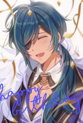 Rule 34 | 1boy, black jacket, blue hair, blush, closed eyes, collarbone, commentary request, confetti, earrings, eyepatch, facing viewer, genshin impact, grey background, happy birthday, highres, jacket, jewelry, kaeya (genshin impact), long hair, low ponytail, male focus, ponytail, shirt, solo, streamers, tiny (tini3030), upper body, white shirt