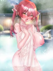 Rule 34 | 1girl, :d, absurdres, blush, breasts, cleavage, commentary request, completely nude, fang, hair ribbon, heterochromia, highres, hololive, houshou marine, large breasts, long hair, looking at viewer, nipples, nude, onsen, open mouth, outdoors, red eyes, red hair, red ribbon, ribbon, seisui bar, smile, solo, towel, twintails, virtual youtuber, wading, yellow eyes